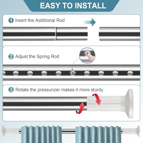 ZOCONE Shower Curtain Rods 51-148 In(4.25-12Ft), Tension Curtain Rods No Drilling, Heavy Duty Long Tension Rod, Outdoor Curtain Rods for Patio, Curtain Pole Christmas Garland Rod, Stainless Steel - Thumbnail 3
