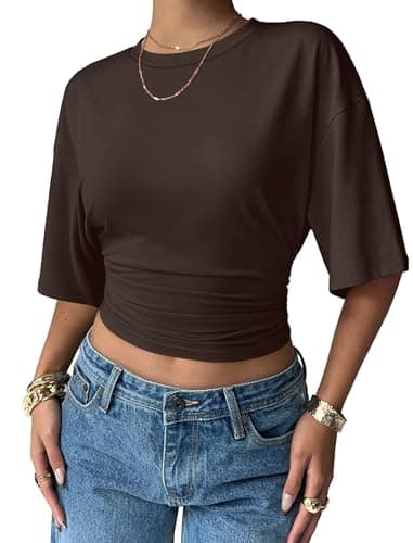 Sampeel Summer Tops for Women 2026 Trendy Crewneck Oversized Tshirts Shirts Loose Fit Plain T Shirts Clothes Fashion Clothing Going Out Crop Tops Chocolate Brown L - Image 1