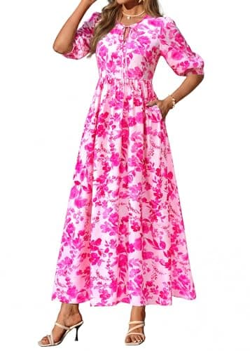 KIRUNDO Summer Dresses for Women 2026 Spring Wedding Guest Boho Floral 3/4 Sleeve Beach Vacation Cruise Flowy Maxi Dress(Rose Red, Medium) - Thumbnail 4