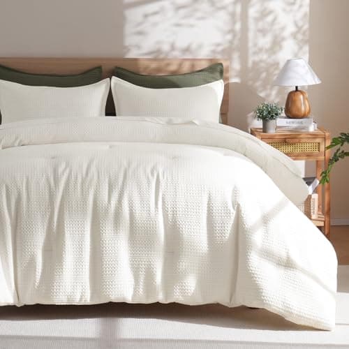 PHF Soft Waffle Comforter Set Twin Size- Comfy Breathable Waffle Weave Comforter with 1 Pillow Shams, 2 Pieces Less Snagging Lightweight Textured Bedding Set for All Season, Cream - Image 1