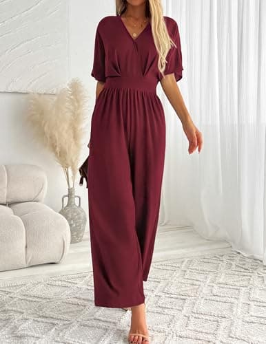 LOOKBOHO Womens Short Sleeve Dressy Jumpsuits V Neck Wide Leg Pant Romper Casual Wedding Party One Piece Outfits Red M - Thumbnail 5