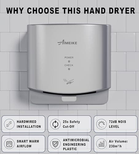AIMEIKE Automatic Commercial Hand Dryer with Temperature-Sensing & Auto-Adjusting Airflow, High-Speed 1300W Compact Wall Mounted Hand Dryer for Bathroom & High-Traffic Restrooms,Sliver - Thumbnail 2
