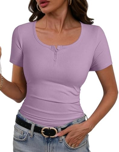 Womens Short Sleeve Tops Stretchy Henley Scoop Neck Fitted Casual Basic Top T-Shirts Ribbed Button Blouses 2026 Summer Trendy Purple S - Thumbnail 2