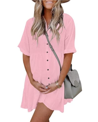 PYGFEMR Women's Short Sleeve Babydoll Button Down Dresses with Pockets Light Pink L - Image 1