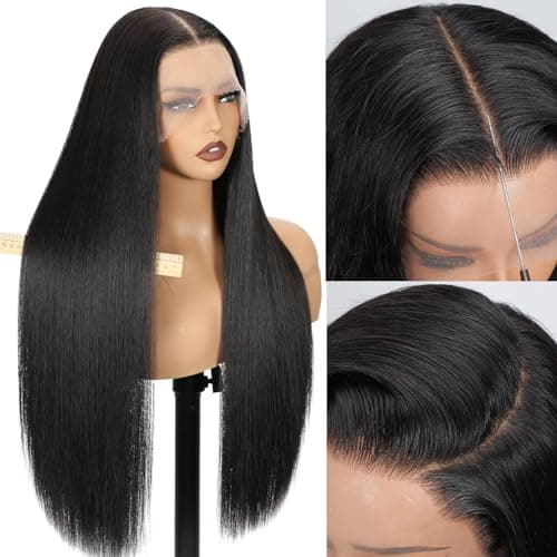 Erqq Synthetic Lace Front Wig 30inch/76cm 13x6 HD Long Black Straight Wigs for Women Pre Plucked Natural Hairline Heat Resistant Synthetic Wig for Daily Use (#1B Natural Black)