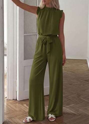 KIRUNDO Jumpsuits For Women Dressy Summer One Piece Sleeveless Ruffle Mock Neck Belt Pockets Formal Wide Leg Pants Romper(Army Green, XX-Large) - Thumbnail 4