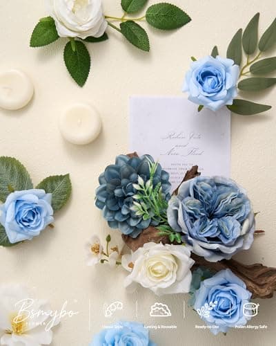 BSMYBO Dusty Blue Artificial Flowers Combo, Baby Blue Wedding Flowers Fake Floral Bulk Bouquets, Light Blue Flowers, Silk Rose Flowers for Wedding Bridal Shower Table Centerpieces & Home Party Decor - Thumbnail 6