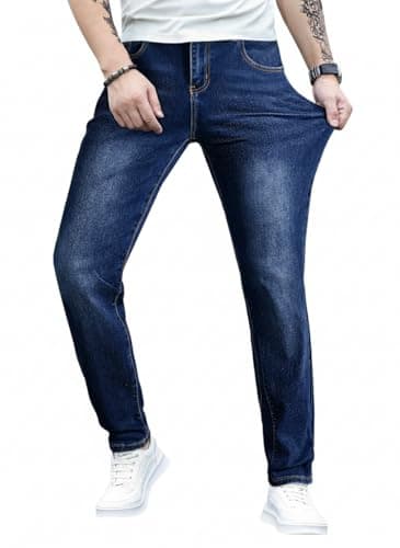 JMIERR Men's Slim Fit Stretch Tapered Leg Skinny Jeans, Casual Cotton Comfort Flexible Denim Pants for Men with 5 Pockets, 34W*32L, Navy Blue - Image 1