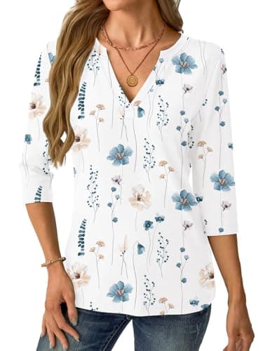 Womens Tops 3/4 Sleeve V Neck Spring Summer Work Tunic Shirts Business Dressy Casual Blouses White Floral - Thumbnail 3