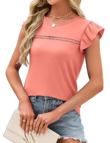 JUSTFASHIONNOW Ruffle Short Sleeve Tops for Women Cute Summer Shirts Dressy Casual Blouses Crew Neck Tshirts 2026 Trendy Clothes(Coral,Medium) - Thumbnail 4