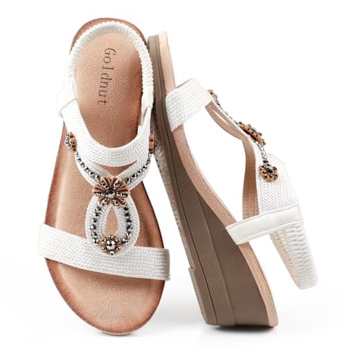 Goldnut White Wedge Sandals for Women Dressy, Woman's Sandal Comfortable White Low Wedges Heels Ankle Elastic Strap Sandles with Flower Rhinestones Size 7 - Image 1