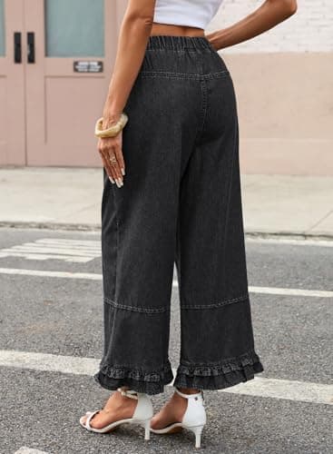 EVALESS Womens Wide Leg Jeans 2026 Trendy Mid-Rise Cropped Baggy Jeans Loose Fit Cute Ruffle Hem Trouser Denim Pants with Pockets Grey Size 16 - Thumbnail 6