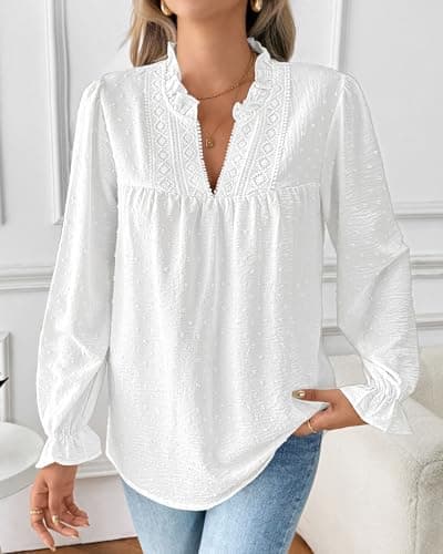 Bsubseach Womens Tops Ruffle Long Sleeve Swiss Dot Blouses for Women Dressy Casual Fashion Shirts White L - Thumbnail 2