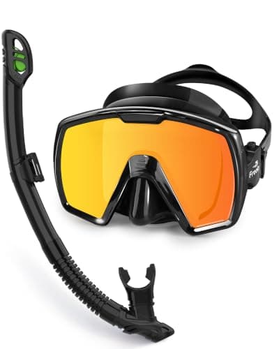 Freela Adult Dry Snorkel Set Scuba Diving Mask with Nose Cover for Men Women Youth, Safety Tempered Glass 180° Wide View, Anti Fog No Leak Mirrored Orange Len Snorkeling Gear for Swimming, Diving - Image 1