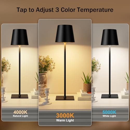 Kakanuo Black Cordless Rechargeable Table Lamp, 2 Pack Portable Desk Lamp with 5000mAh Battery, Touch Control Stepless Dimming, Wireless Night Light for Dining, Outdoor Camping, Coffee Shop - Thumbnail 2