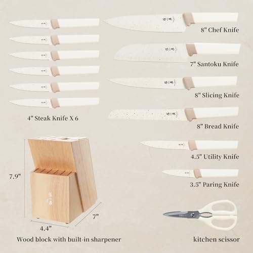 ZHANG XIAO QUAN Knife Set with White Block, High Carbon Stainless Steel Sharp Blades, Built-in Sharpener Kitchen Knife Block Set for Home Cooking - Thumbnail 2