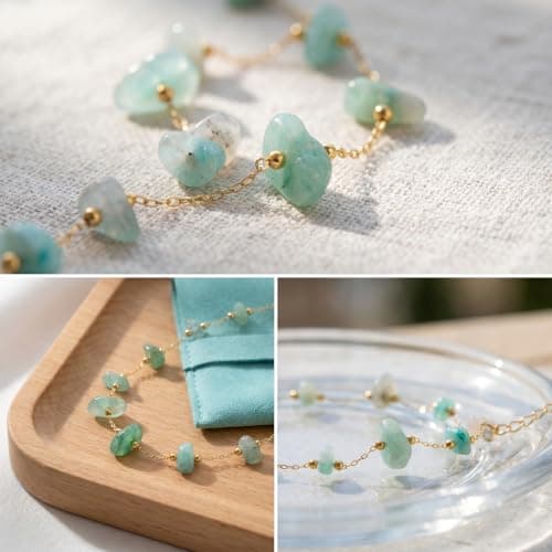 Geumkecy Handmade Green Amazonite Choker Necklace for Women Natural Gemstone Chain 18K Gold Jewelry Birthday Christmas Gift for Women 18inch Valentine Gift for Her - Thumbnail 4