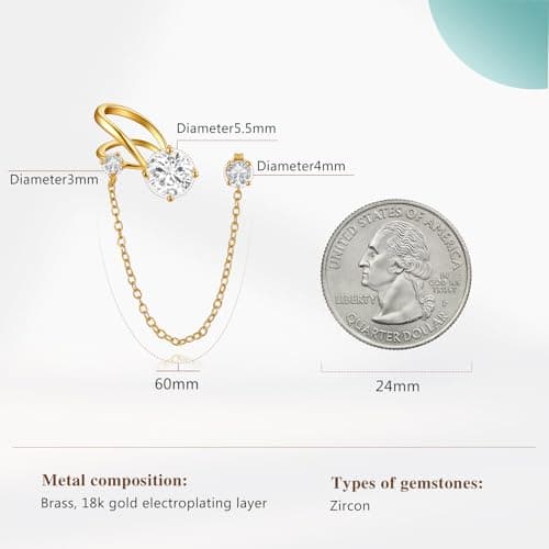 Cicy Bell 18k Gold Ear Cuff Stud Chain Earrings for Women Dainty Tassel Drop Dangle Cubic Zirconia Clip On Climber Crawler Wrap Earrings Jewelry Gifts Birthday Party - Thumbnail 6
