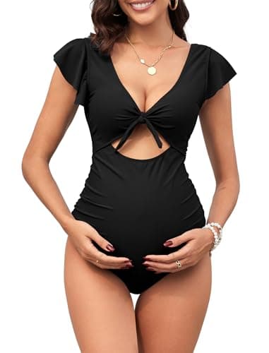 ZAFUL 2025 Maternity One Piece Swimsuit for Women Swim Suits Tie Front Tummy Control Pregnancy Bathing Suits Ruffle Swimsuits Solid Black - Image 1