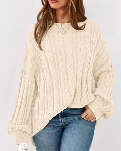 KIRUNDO Oversized Chunky Cable Knit Sweater Women 2026 Fall Fashion Cozy Long Sleeve Crewneck Pullover Winter Clothing(Cream, Medium) - Thumbnail 4