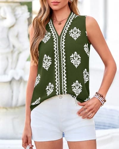BTFBM Womens Tank Tops Floral Printed V Neck Sleeveless Spring 2026 Business Work Dressy Casual Shirts Chiffon Blouses(Army Green, XX-Large) - Thumbnail 4