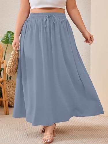 AusLook Plus Size Maxi Skirt for Women High Waisted Elastic Waist Flowy A Line Long Blue Gray 3X Skirt with Pockets Casual Summer Beach Vacation - Thumbnail 3