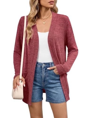 DEARCASE Cardigan Sweaters for Women Trendy Red Small Long Sleeve V Neck Open Front Ladies Cardigans Lightweight Womens Sweater Thin Bolero Soft Spring Fall Tops Knitted Coat with Pockets - Image 1