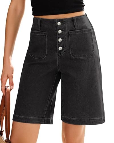 Vetinee Bermuda Denim Shorts Women Button Fly Summer Casual Cute High Waisted Patch Pocket Women Jean Shorts Jorts Washed Black Small - Image 1