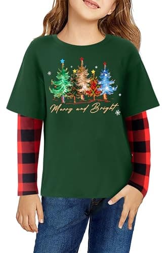Christmas Shirts for Kids Girls Boys Christmas Tree Graphic Tee Xmas Long Sleeve Stripe Plaid Tops - Image 1