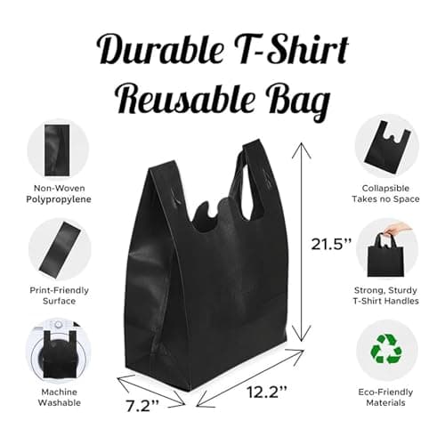 Simply Cool Reusable Grocery Bags Eco-Friendly T-Shirt Shopping Bags 21.5”x12.2”x7.2” Durable Recyclable Shopping Bags Washable, Foldable, Portable Tote Bags Bulk (300 Pack, Black) - Thumbnail 2
