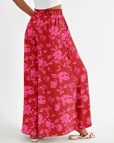 BTFBM Wide Leg Palazzo Pants for Women 2026 Summer Spring Casual High Waisted Flowy Trousers Boho Beach Vacation Outfits(Print Red, Large) - Thumbnail 4