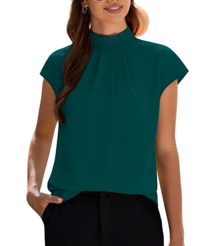 Funlingo Summer Shirts for Women Dressy Casual Tunic Chiffon Blouse Ladies Business Formal Mock Neck Cap Sleeve Pleating Work Green Shirts Rain Forest M - Image 1