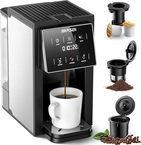 AIRMSEN Grind & Brew Coffee Maker with Built-in Grinder (2026 Model) - Single-Serve, Compatible with K-Cup Pods & Ground, 1000W Fast 6-14oz Brewer, Descaling Alert, Touchscreen & 50oz Removable Tank - Image 1