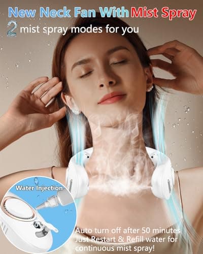 Neck Fans that Blow Cold Air,Misting Neck Fan Rechargeable Battery Powered,Foldable Leafless Hands Free USB Chargable Cooler,Slient Mini Head Unit Water Mister Sprays for Travel Camping Outdoor White - Thumbnail 2