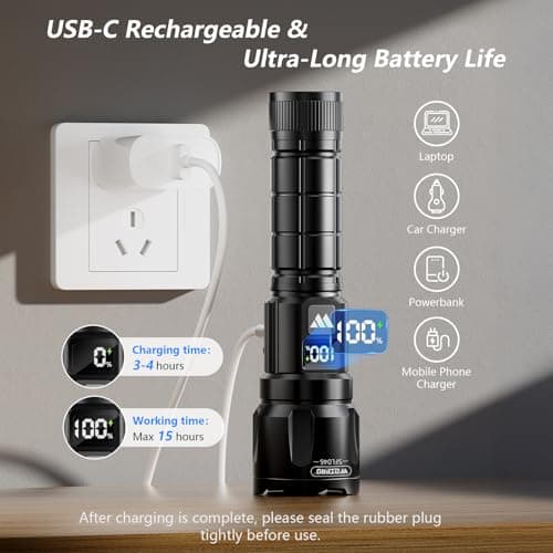 WdtPro Rechargeable Flashlights High Lumens 2Pack, Super Bright Flashlight Powerful, 3Mode Zoomable Tactical Flash Light with LCD Digital Display, Handheld LED Flashlights for Home Emergencies Camping - Thumbnail 4