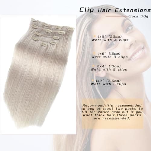Clip in Hair Extension 70g Straight Hair 14Inch,OiMiGO Human Hair Extensions White 5pcs Clip Ins Hair Extension 10A Unprocessed Remy Hair Extensions with Clips(14 Inch, ice white) - Thumbnail 4