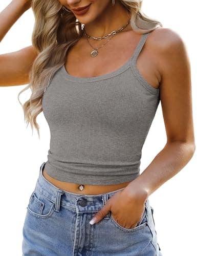 GKBK Tank Tops for Women 2026 Summer Camisole Top Ribbed Sleeveless Scoop Neck Slim Fitted Crop Tank Shirts Grey XS - Thumbnail 3