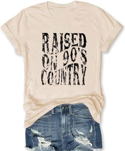 Raised on 90s Country Shirts Women: Country Music Shirt Vintage Concert Casual Short Sleeve Tee Tops(A42C-Beige4,XL) - Image 1