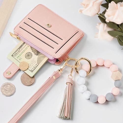 Airkit Wristlet Wallets for Women, Keychain RFID Blocking Credit Card Holder, Small Girly Wallet with Bracelet, Silicone Beaded Tassel Key Ring Card Holder, Pink - Thumbnail 6