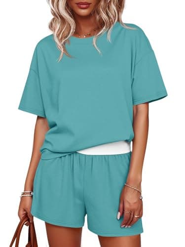Tankaneo Womens Short Sets 2 Piece Summer Vacation Outfits Short Sleeve T-shirts Elastic Waist Shorts Matching Set, Blue-green, Small