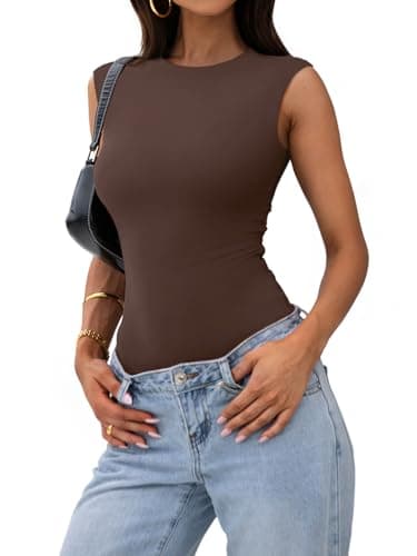PINKMSTYLE Womens Summer Sleeveless Bodysuit Double Lined Crew Neck Stretchy Basic T Shirt Bodysuit Tank Tops Dark Brown Small - Thumbnail 3