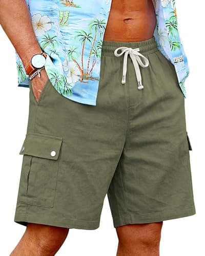 TRFIC Men's Cotton Linen Cargo Shorts - Elastic Waist with Drawstring, 6 Pockets, Summer Beach Vacation, Casual Lounge Medium Army Green