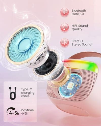 Mini Karaoke Machine for Kids, Toy for Girls Portable Bluetooth Speaker with 2 Wireless Microphones, Fashion Toy Gifts for Christmas Birthday, for 3 4 5 6 7 8+ Year Old Girls Gifts(Pink) - Thumbnail 2