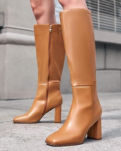 Coutgo Womens Square Toe Knee High Boots High Chunky Heel Side Zipper Faux Leather Winter Tall Boots - Thumbnail 3