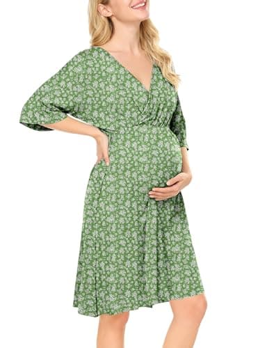 Nursing Dress for Women Breastfeeding Dresses - Maternity Nursing Dress V Neck Flowy Boho Floral Vacation Dress Green - Image 1