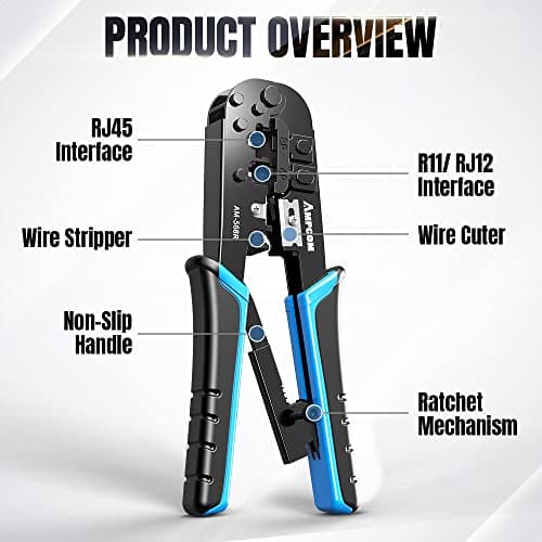AMPCOM RJ45 Crimping Tool, 8P/6P-RJ11, RJ12 Crimper Cutter Stripper AM-568R - Thumbnail 2