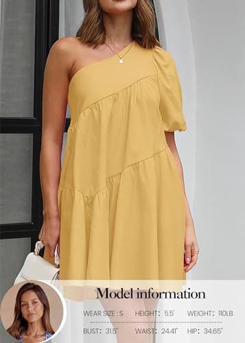KIRUNDO Summer One Shoulder Mini Baby Doll Dresses Women 2026 Casual Puff Sleeve Loose Tiered A Line Flowy Short Dress(Yellow, XX-Large) - Thumbnail 4