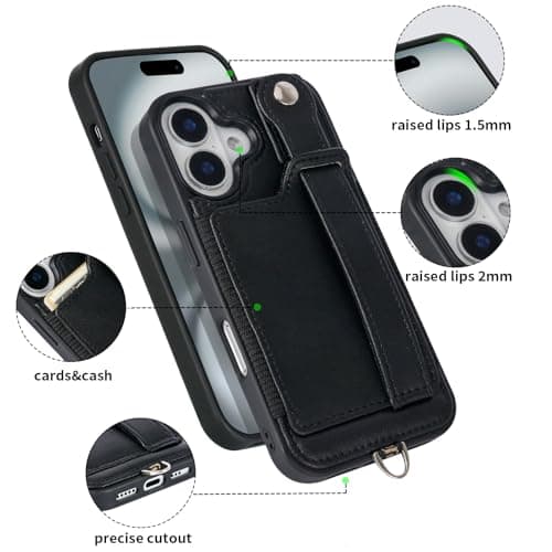 TOOVREN Phone Case for iPhone 16 Wallet Case with Card Holder Stand Strap Lanyard Case fits iPhone 16 Case with Wallet PU Leather Shockproof Detachable Phone Cover for Women & Men 6.1 Inch Black - Thumbnail 3
