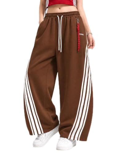 PPONE Women’s Y2K Barrel Sweatpants, 4-Stripe Baggy Wide Leg Pants, Mid Rise Streetwear Track Pants with Adjustable Cuffs and Drawstring Waist Brown - Image 1