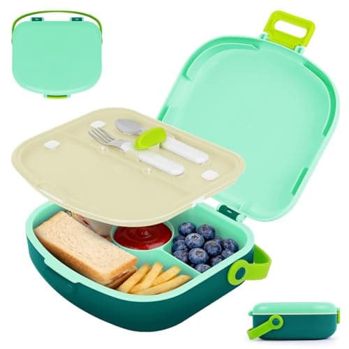 G.a HOMEFAVOR Lunch Box for Kids: 4-Compartment Bento Box with Stainless Steel Utensils, Soft-Grip Handle, Leakproof Food Container for School, 41 oz, Green